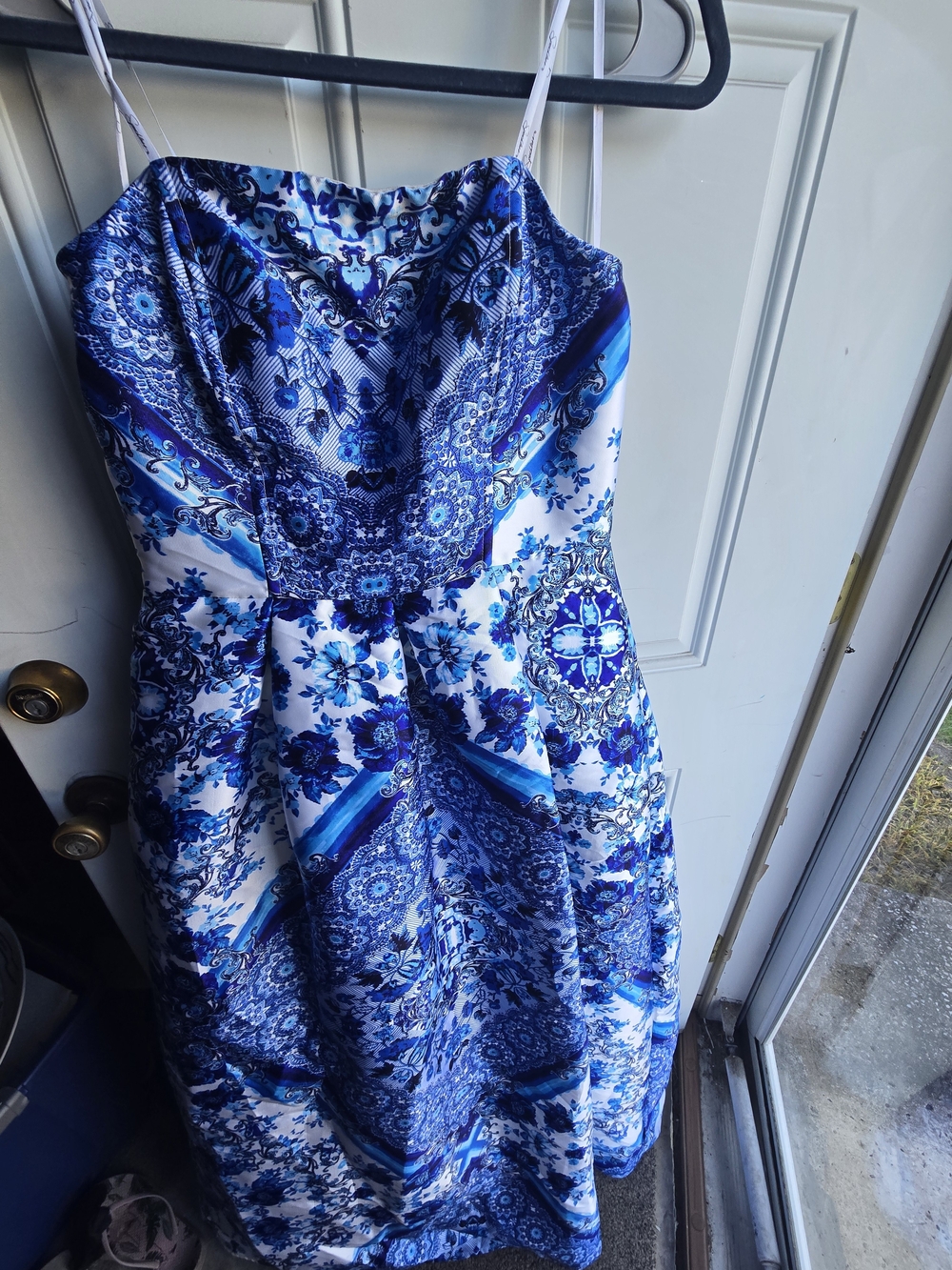 Speechless Blue & White Floral Print Spaghetti Strap Prom Dress